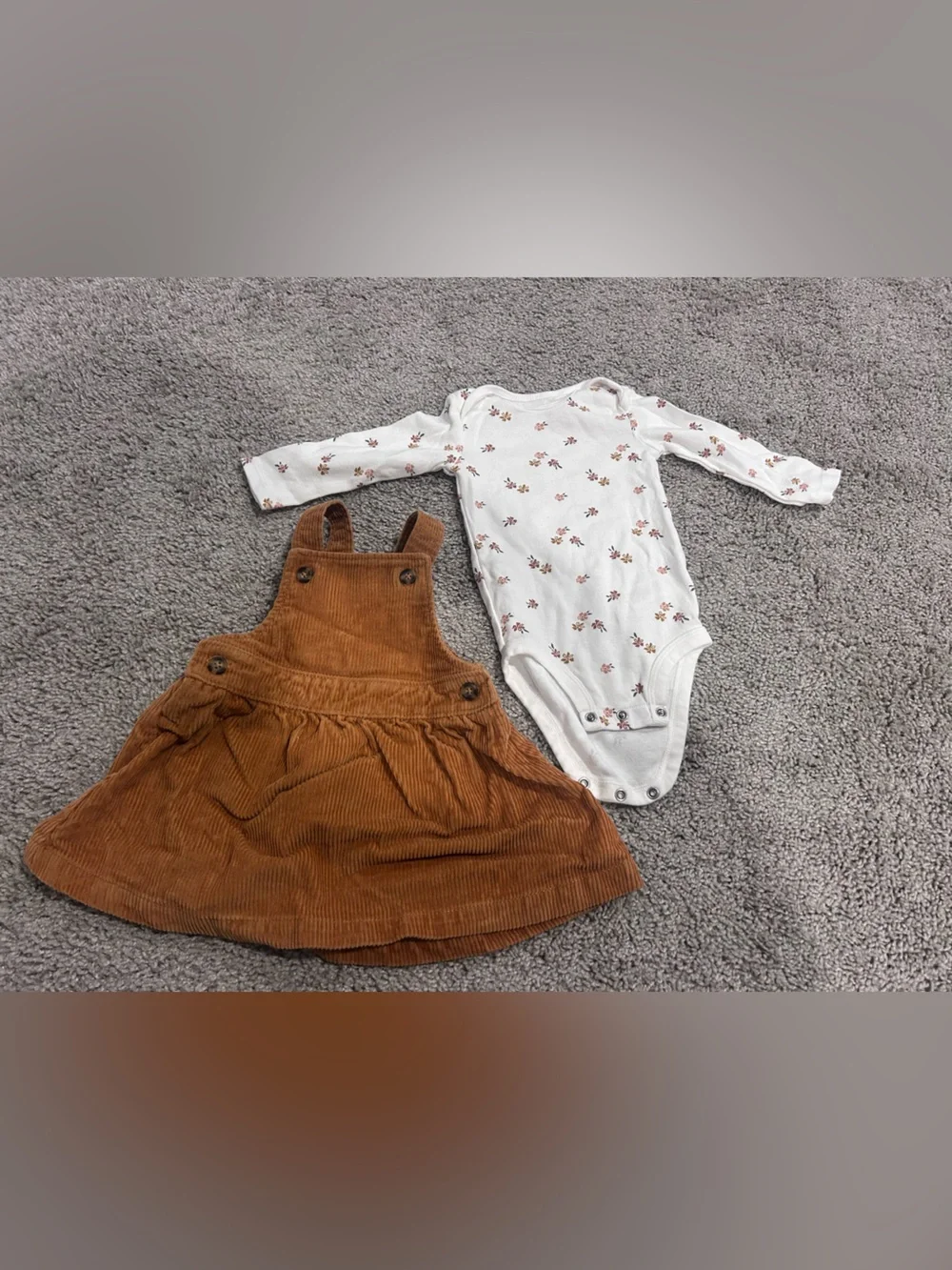 Carter's Tan Corduroy Pinafore Dress with White Floral Bodysuit